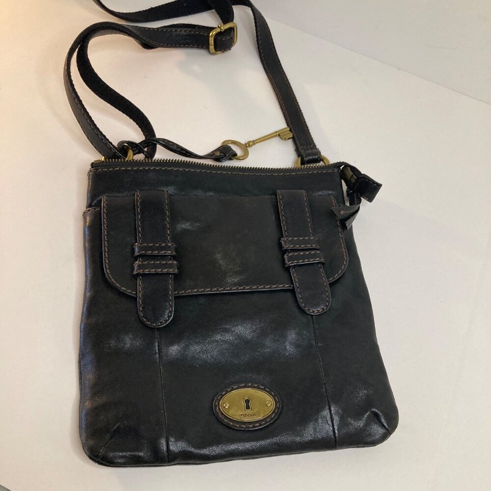 Womens Vintage Maddox Fossil Leather Crossbody Bag Black 9" x 10" Has Key